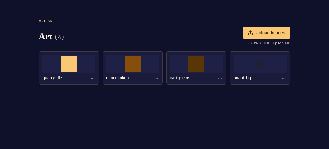 The Art gallery lists the game's uploaded images and their asset names.