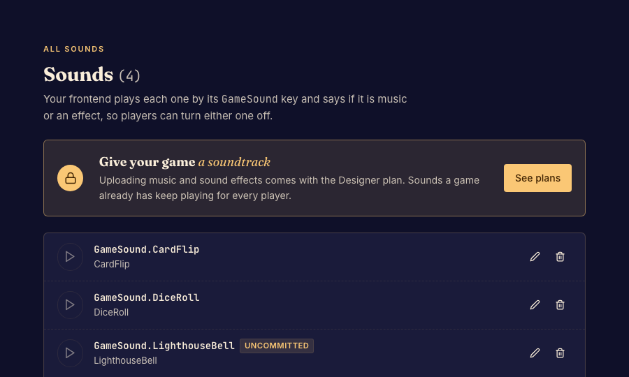 A locked Sounds page explains that the creator needs a plan with game sounds.