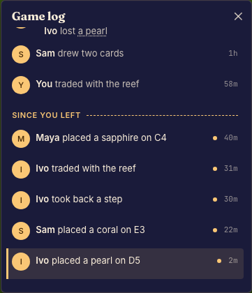The game log lists moves and links to earlier positions in the match.