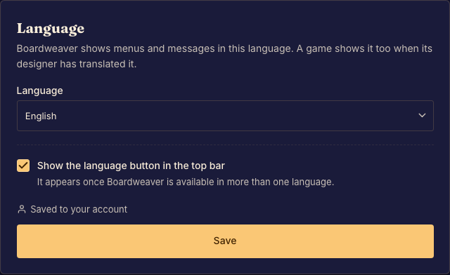 Language settings show the languages available to this account. English is the only publicly shipped app language.
