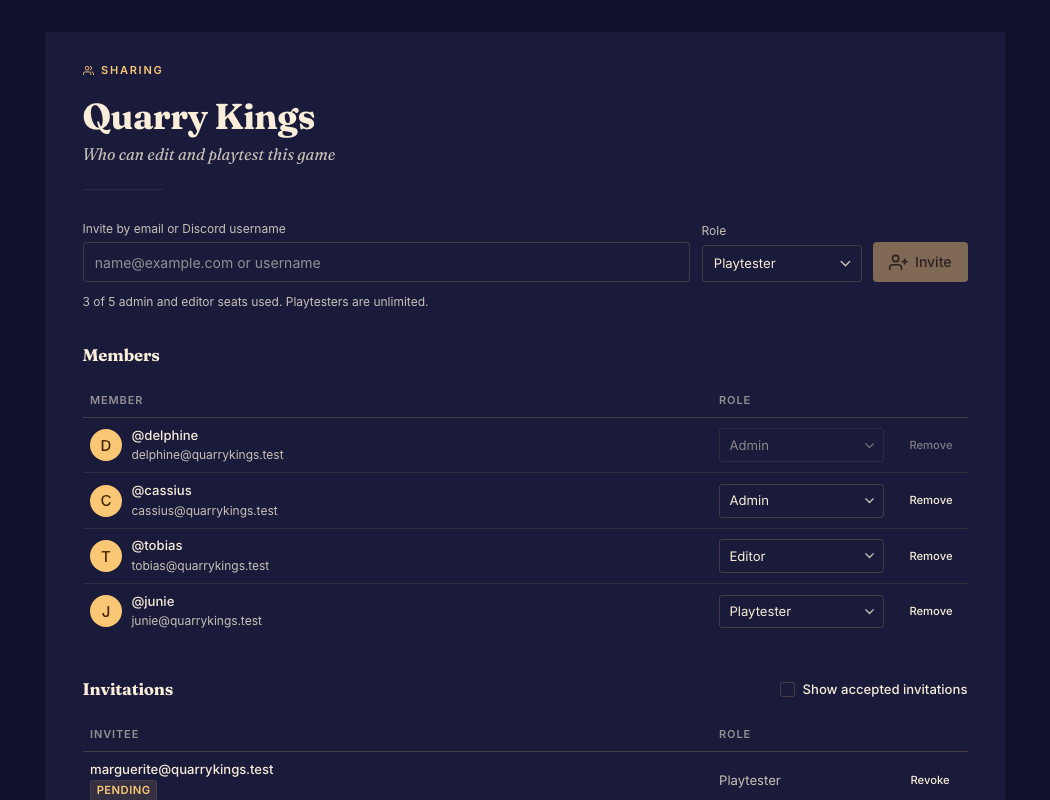 Members lists each collaborator's role and provides the invitation controls for private playtests.