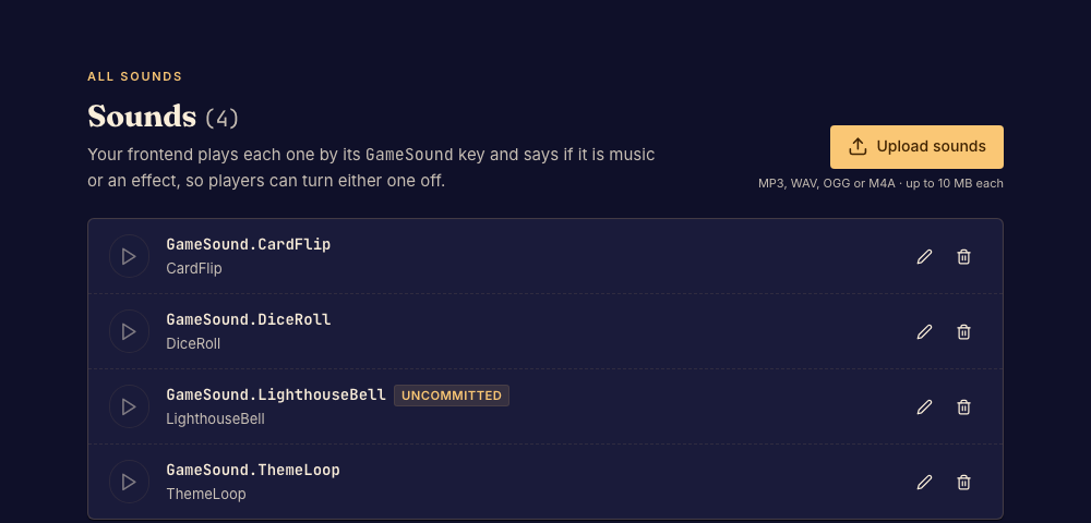 The Sounds page lists uploaded clips, their names, and playback controls.