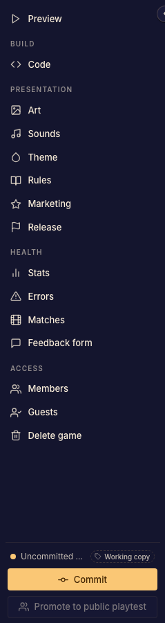 The Studio sidebar groups the preview, build tools, presentation, and access settings.