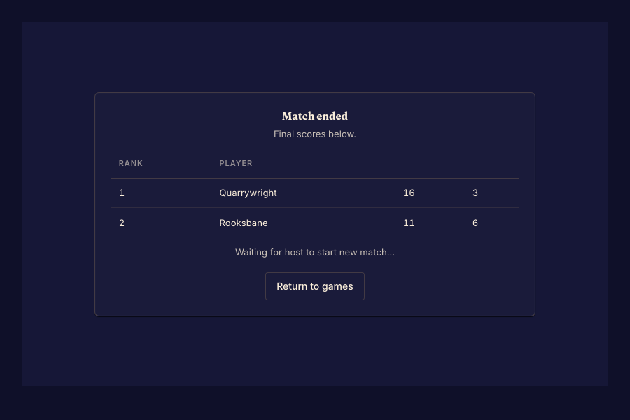 The default end screen shows results when a framework v3 game does not export GameOver. A seated player waits for the host to start the next match or returns to games.